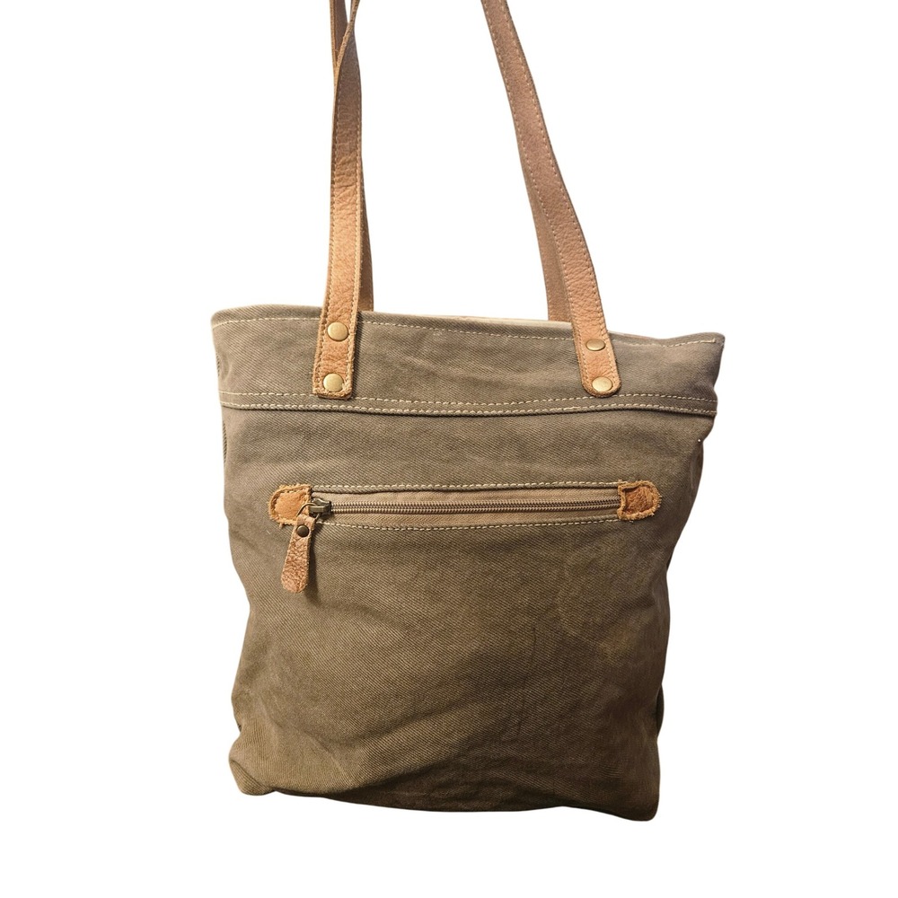 Myra Bag Canvas & Leather Tote Purse | Floral Print Zip Pocket Shoulder Bag Boho - Picture 3 of 7